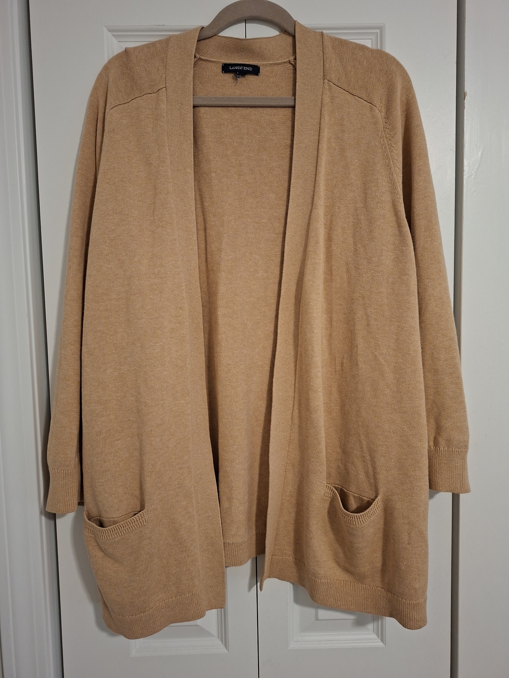 Lands' End Light Tan/Camel Cotton Knit Long Cardigan Sweater with Pockets